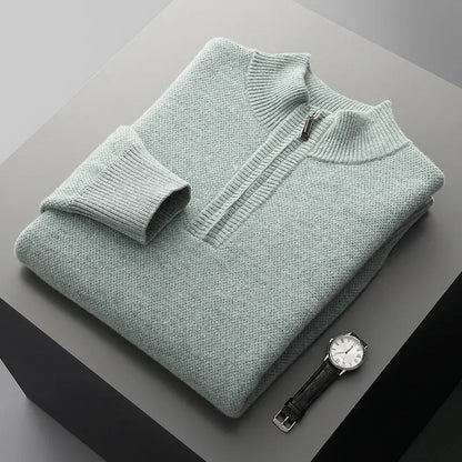 Mens Honeycomb Knit Zip Up Sweater Mid Length Thickened Warmth For Middle Aged Men Casual Wear - MENLL