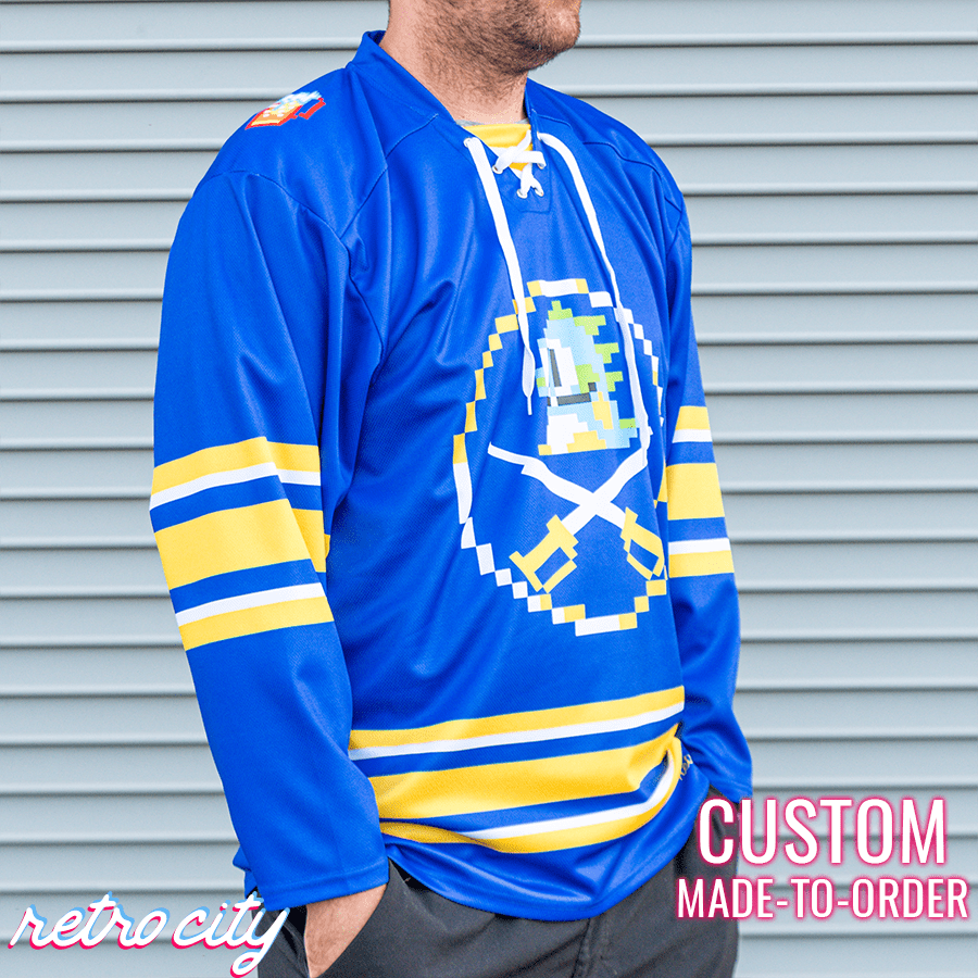 Retro City Threads Retro City Threads Buffalo Sabres Bubble Bobble 8-Bit Custom Hockey Jersey - Detail View