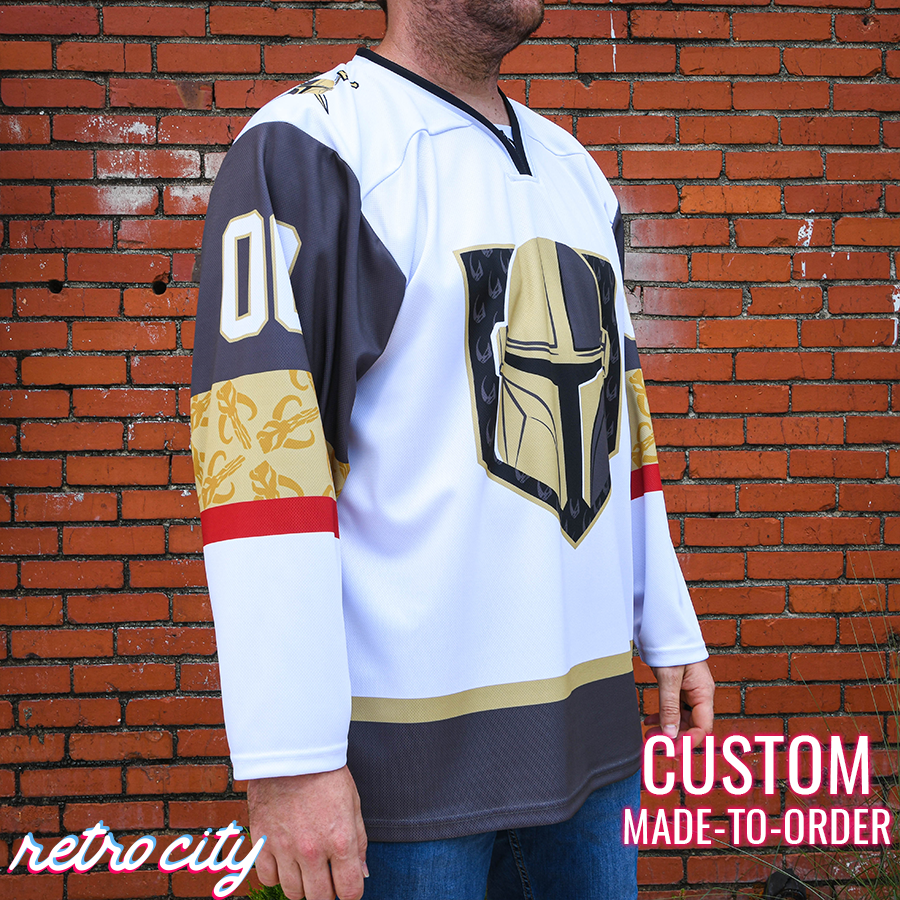 Retro City Threads Mando Bounty Hunter Hockey Jersey Sweater (White) - Detail View