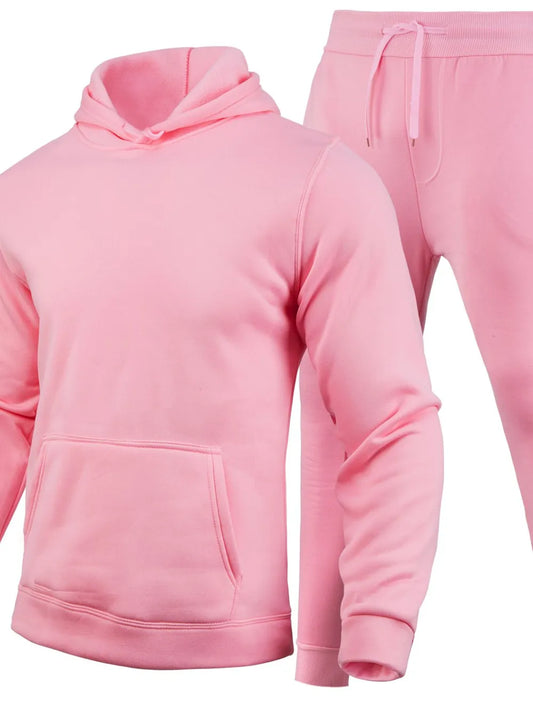 Men's full size long sleeve hoodie and pants set in pink, basic style, slightly stretchy fabric.