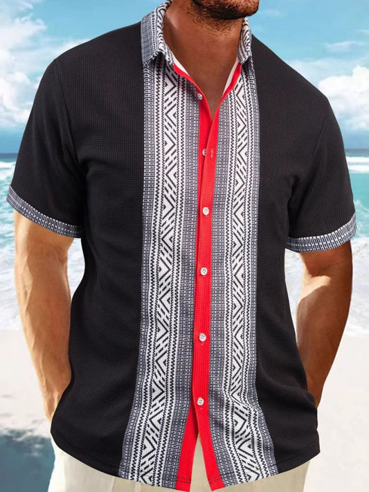 Men's full size short sleeve shirt with contrast button design and geometric patterns on the beach background.