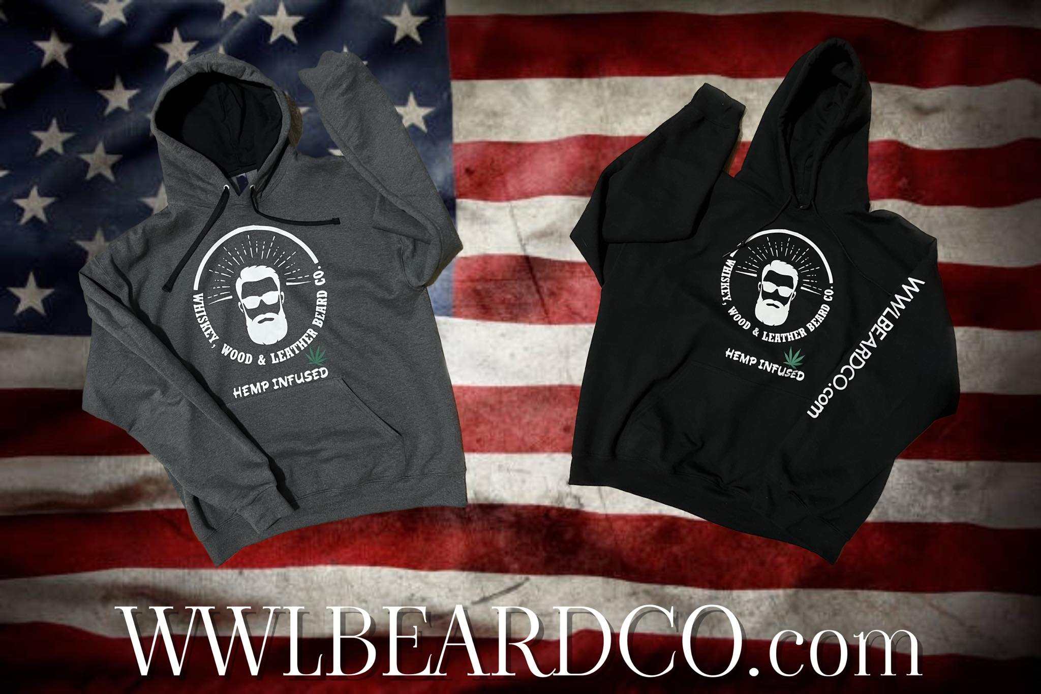 WWL Beard Hoodie with logo, featuring front pouch pocket and drawstrings, available in gray and black, displayed on an American flag background.
