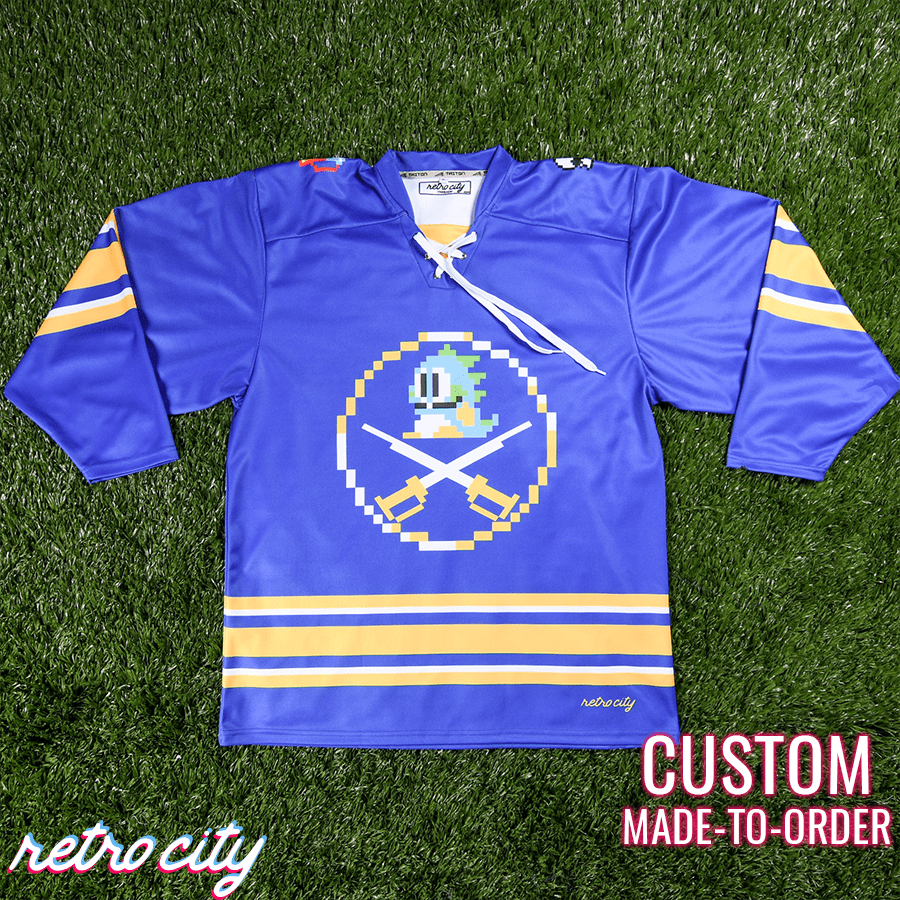 Retro City Threads Retro City Threads Buffalo Sabres Bubble Bobble 8-Bit Custom Hockey Jersey - Close Up
