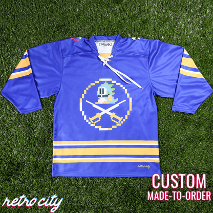 Retro City Threads Retro City Threads Buffalo Sabres Bubble Bobble 8-Bit Custom Hockey Jersey - Close Up