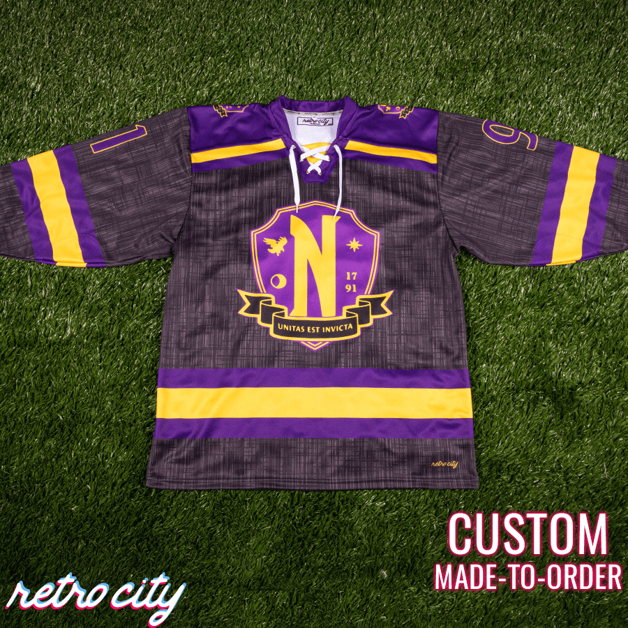 Retro City Threads Nevermore Academy Lace-Up Hockey Jersey Sweater - Close Up