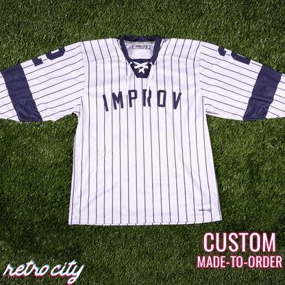 Retro City Threads Jerry Seinfeld Improv Custom Lace-up Hockey Jersey Sweater - Close Up