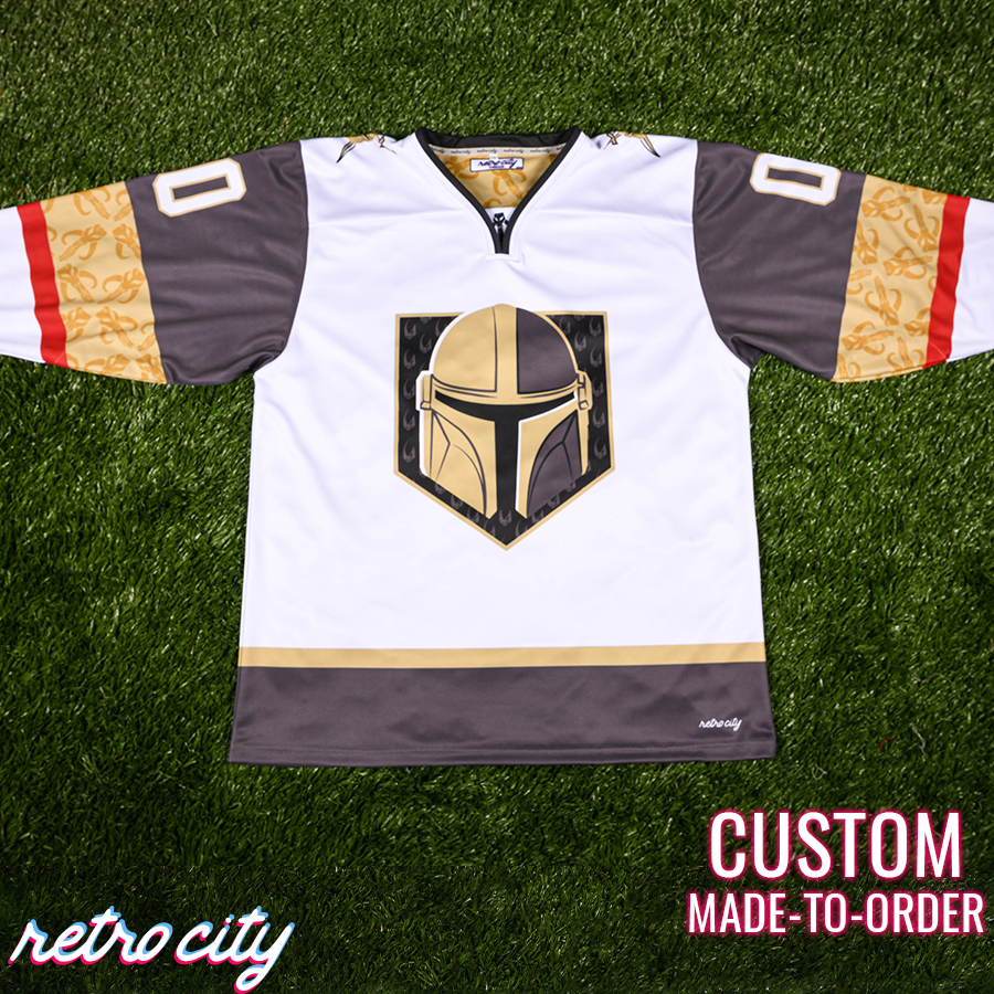 Retro City Threads Mando Bounty Hunter Hockey Jersey Sweater (White) - Close Up