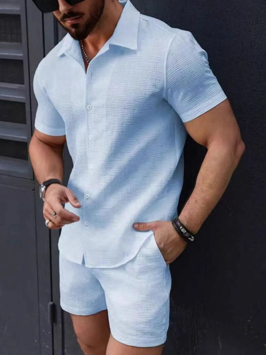 Men's button up short sleeve shirt and shorts set in light blue, basic style, two-piece.