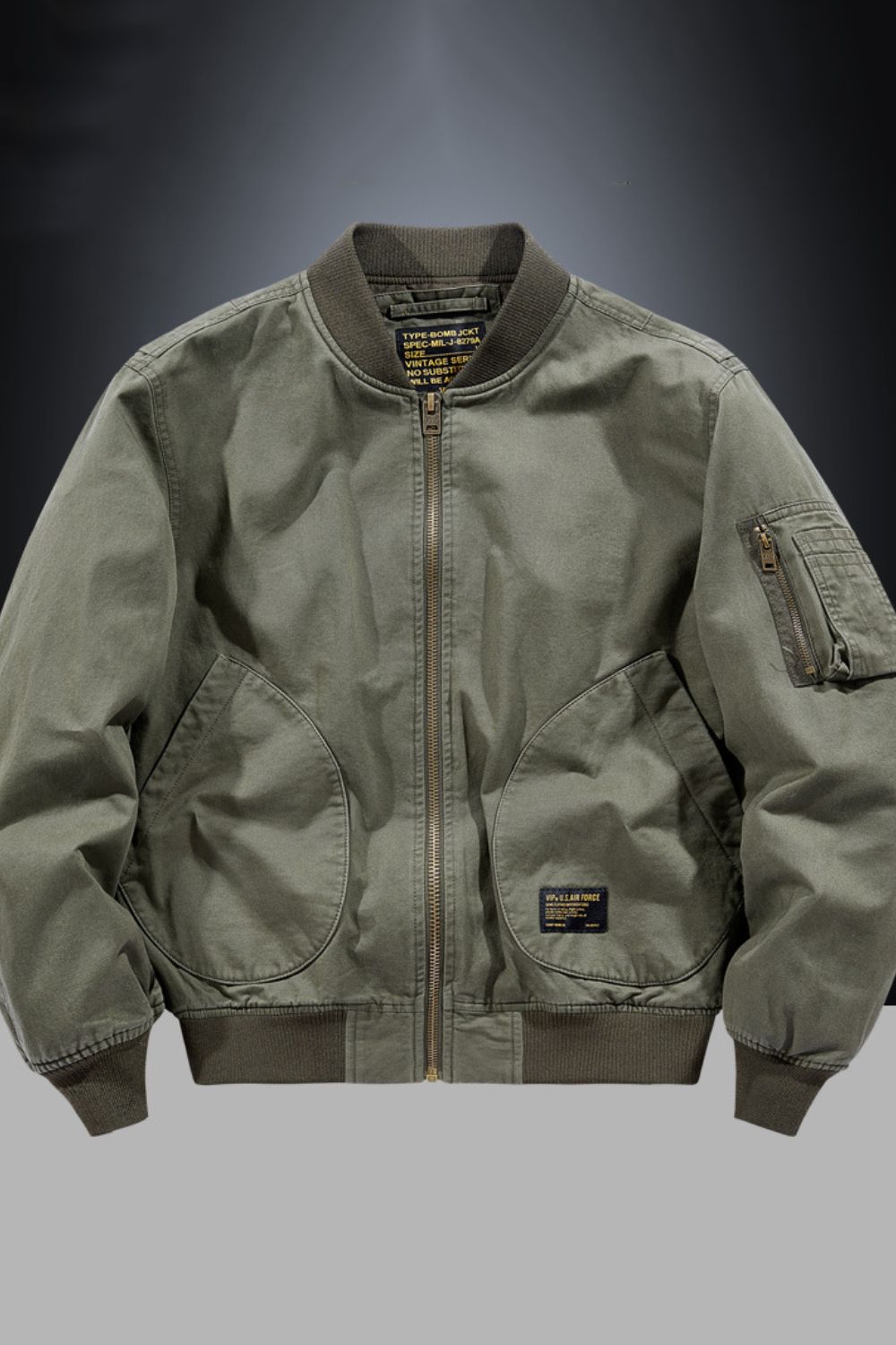 Men's plus size bomber jacket with zip up and baseball collar, featuring pockets, in olive green.