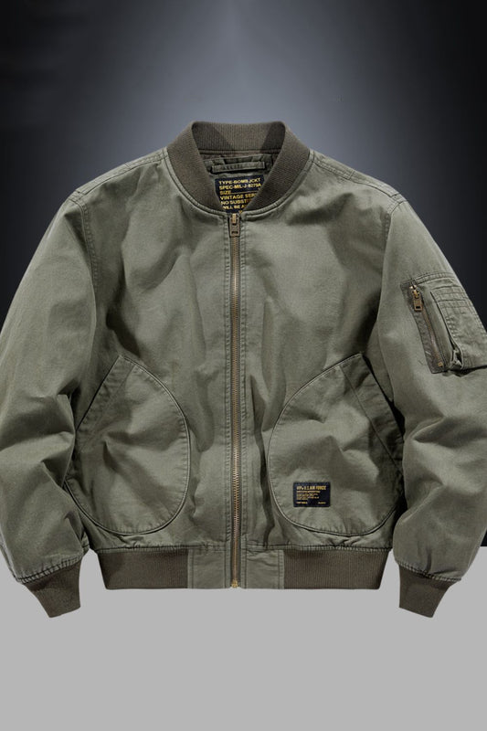 Men's plus size bomber jacket with zip up and baseball collar, featuring pockets, in olive green.