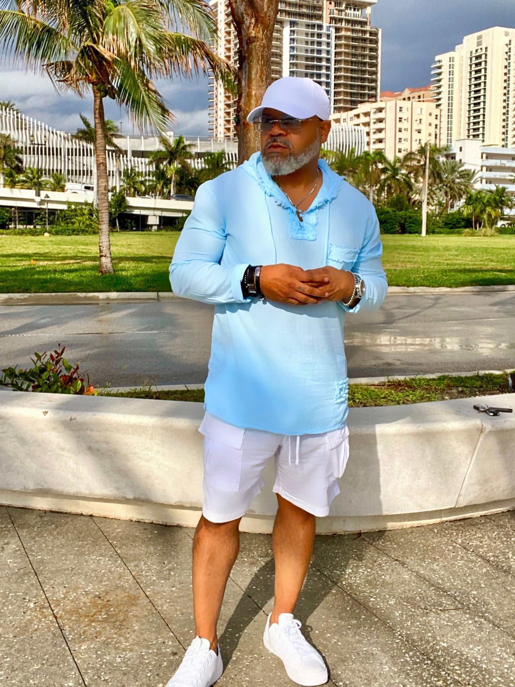 TUSCANY HOODIE in Arctic Blue, men's long sleeve with fringe and patch, made from Peruvian Pima Cotton.