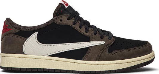 Travis Scott X Air Jordan 1 Retro Low OG SP 'Mocha' sneakers featuring black upper, dark brown overlays, red accents, and signature backwards Swoosh.