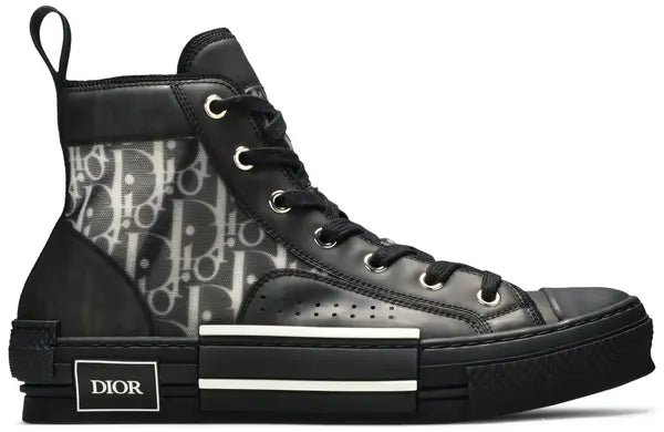 Dior B23 High 2020 'Dior Oblique' sneakers with translucent upper and iconic monogram pattern in black and white.