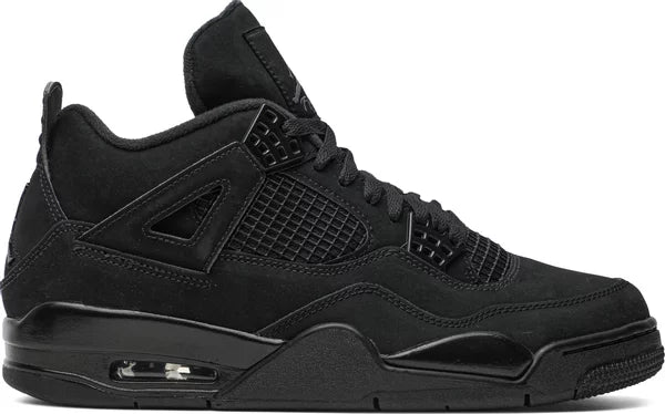 Air Jordan 4 Retro Black Cat 2020 sneakers featuring black nubuck suede upper, black hardware, and netting.
