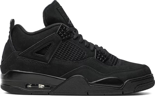 Air Jordan 4 Retro Black Cat 2020 sneakers featuring black nubuck suede upper, black hardware, and netting.