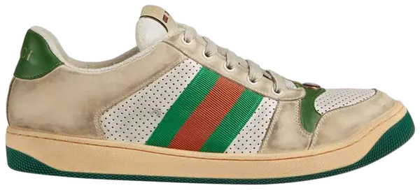 Gucci Screener Distressed 'Green Orange' men's sneakers with off-white leather, green and orange accents, and vintage-inspired design.