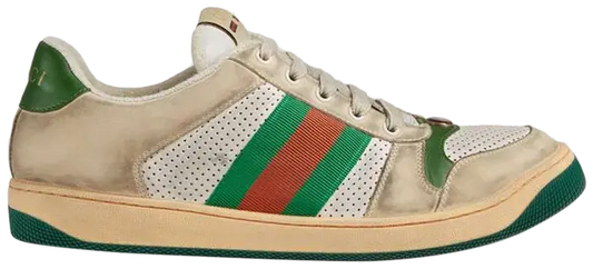 Gucci Screener Distressed 'Green Orange' men's sneakers with off-white leather, green and orange accents, and vintage-inspired design.