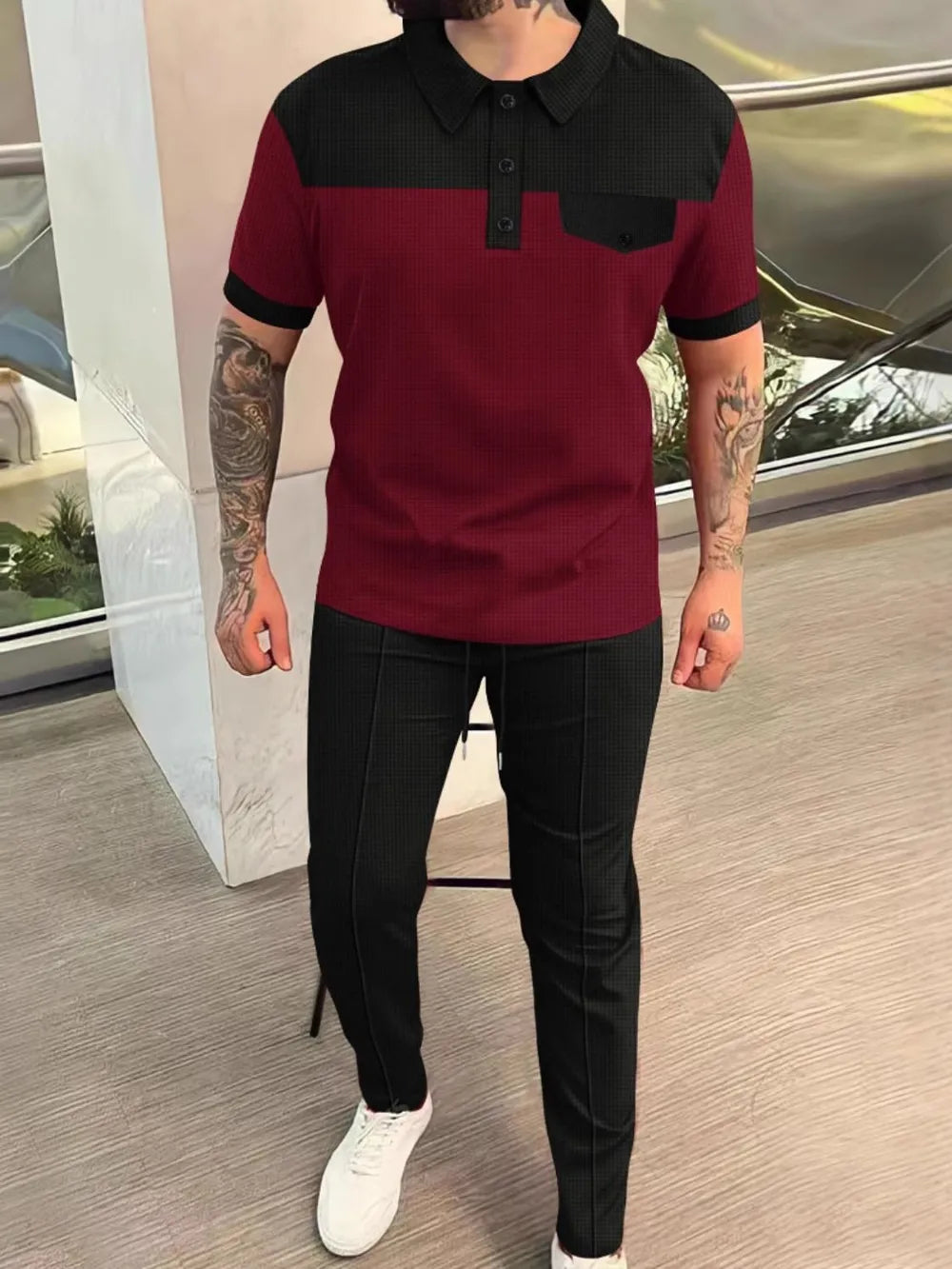 Men's full size waffle-knit contrast top and pants set in red and black, perfect for loungewear.