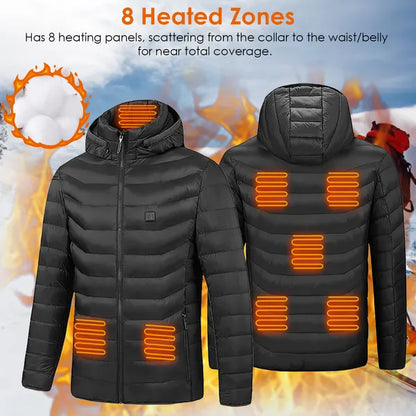MENLL Heated Jacket Winter Coat Unisex 3-Level Heat 8 Zones Detachable Hood