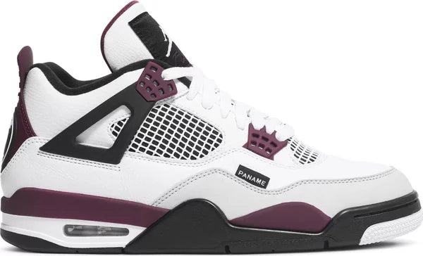 Paris Saint-Germain x Air Jordan 4 Retro 'Bordeaux' sneakers with white leather upper, Bordeaux accents, and dual branding on heel.