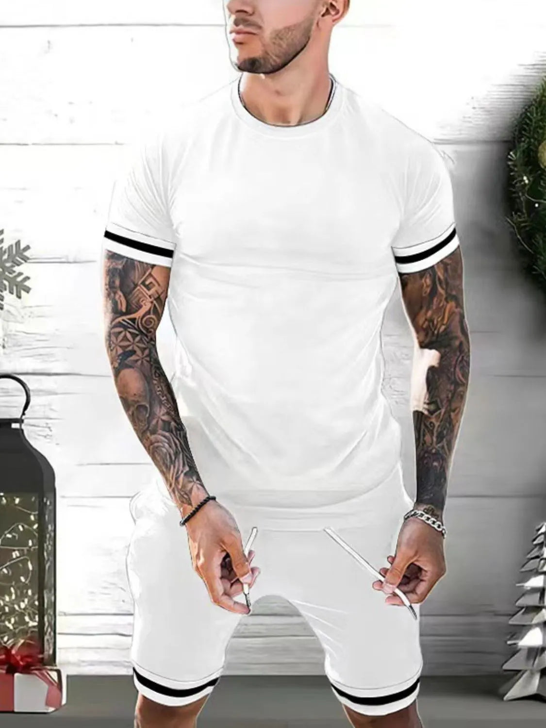 Men's plus size round neck short sleeve top and shorts set in white, featuring basic style and slight stretch.
