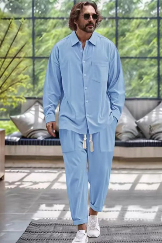 Men's collared neck long sleeve top and pants set, light blue, plus size.