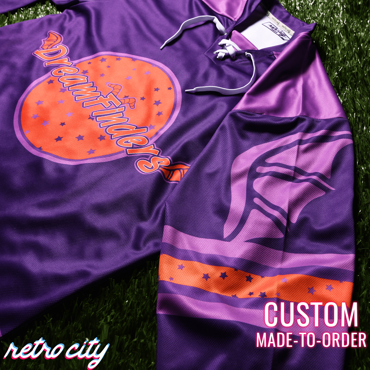 Retro City Threads Dreamfinders Lace-up Hockey Jersey Sweater - Close Up