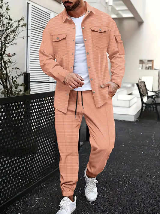 Men's full size snap down long sleeve top and pants, two-piece set, polyester fabric.