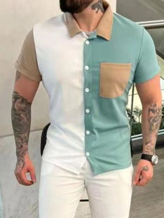 Men's full size button up short sleeve top and pants set, casual wardrobe, plus size, comfortable stretchy fabric, stylish two-piece outfit.