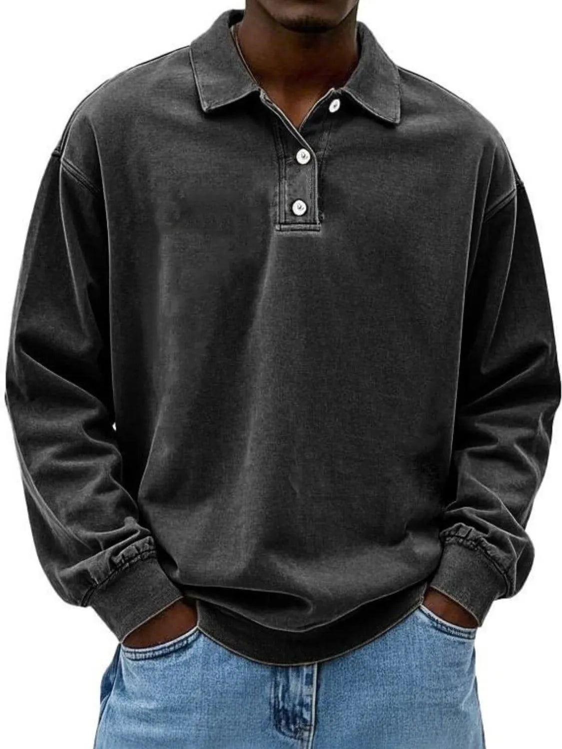 Men's full size collared neck long sleeve polo, slightly stretchy, polyester-cotton blend.