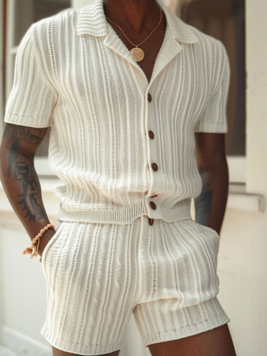 Men's plus size button down short sleeve top and shorts set in cream, featuring a pocket and moderate stretch.