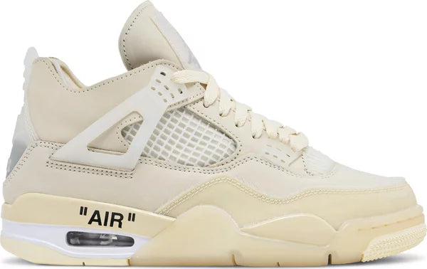 Off-White x Air Jordan 4 Retro Cream Sail Sneakers for Women featuring deconstructed design and semi-translucent TPU details.