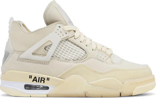 Off-White x Air Jordan 4 Retro Cream Sail Sneakers for Women featuring deconstructed design and semi-translucent TPU details.