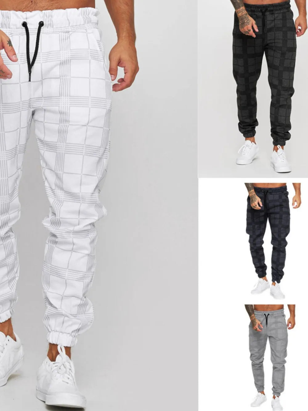 Men's plus size plaid drawstring pants in various colors, featuring basic style and comfortable fit.