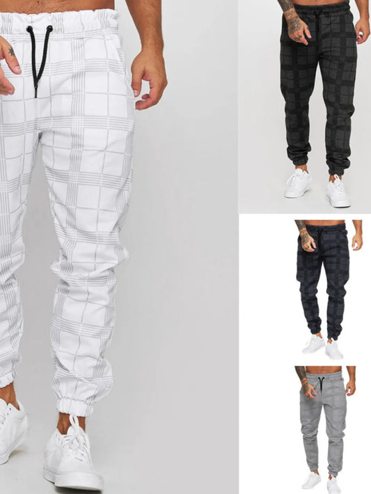 Men's plus size plaid drawstring pants in various colors, featuring basic style and comfortable fit.