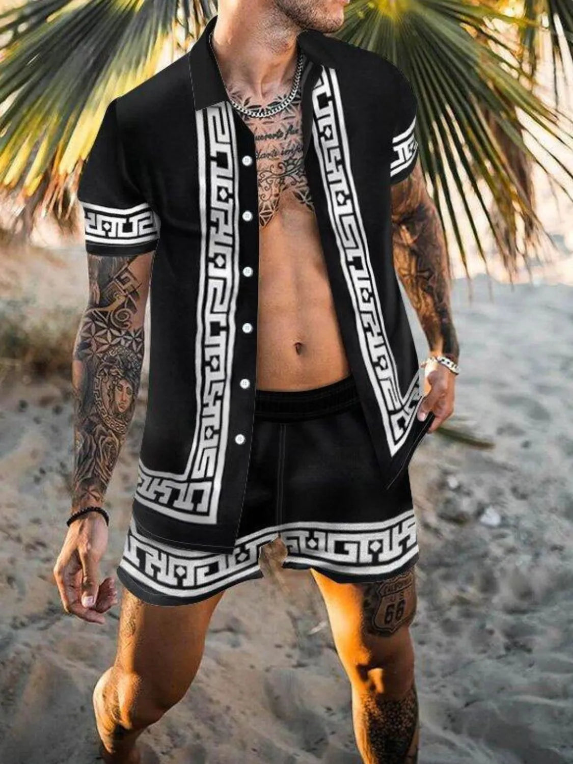 Men's full size printed button-up top and shorts set, slightly stretchy, made from polyester and cotton.