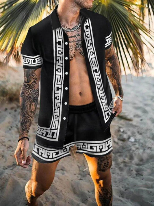 Men's full size printed button-up top and shorts set, slightly stretchy, made from polyester and cotton.