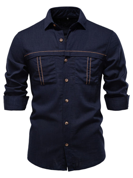 Men's button down collared neck shirt with pockets, slightly stretchy viscose and linen blend.