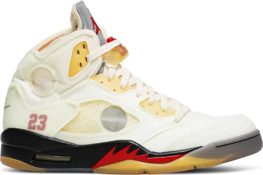Off-White x Air Jordan 5 Retro Sail sneaker with cream layered textile upper and vintage-style outsole.