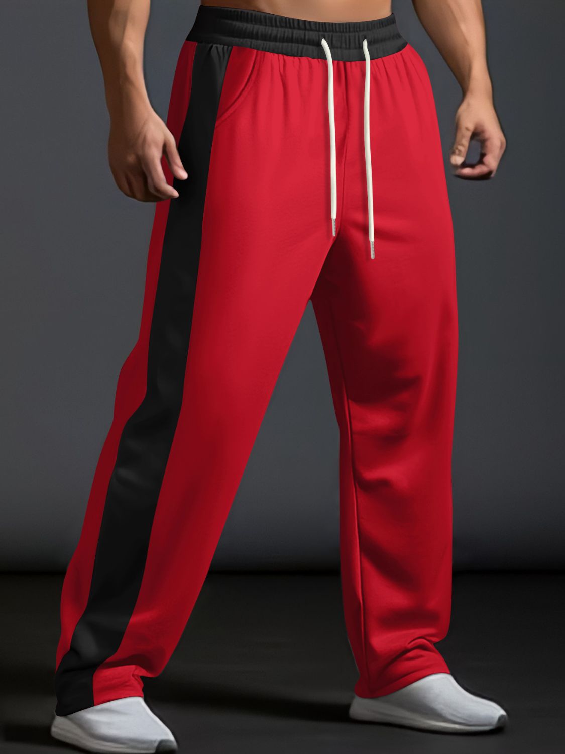Men's full size contrast wide leg drawstring pants, red with black stripe, polyester.