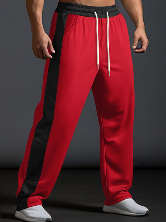 Men's full size contrast wide leg drawstring pants, red with black stripe, polyester.