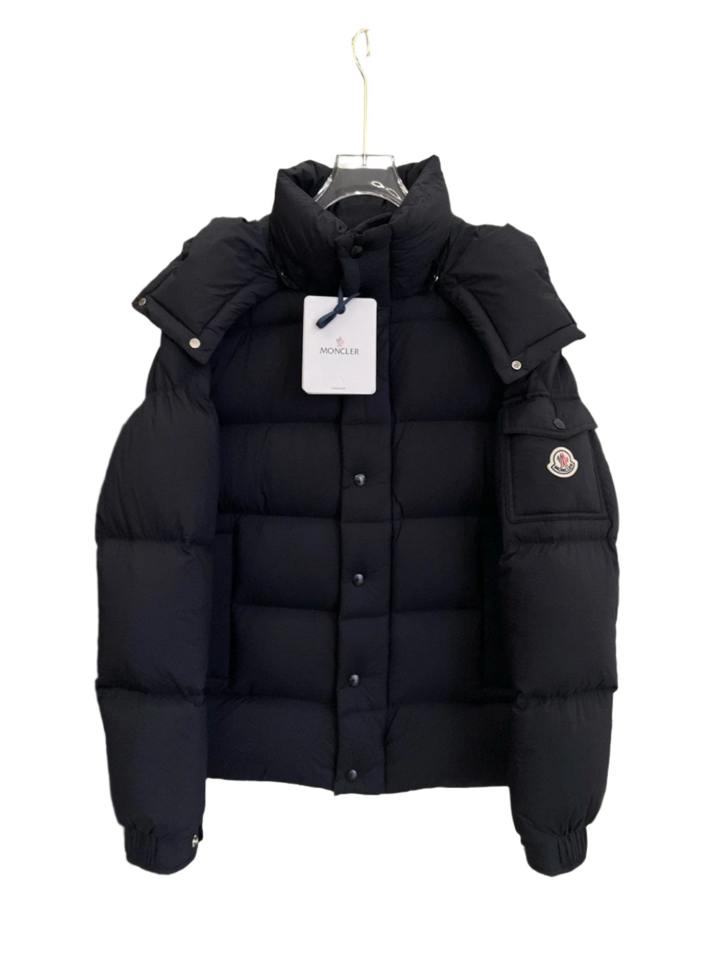 Moncler Men's DIST Black Down Jacket with logo patch, matte finish, and high-performance insulation.