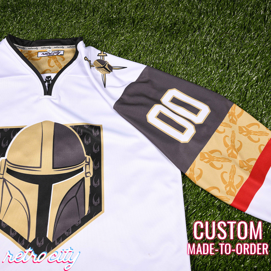 Retro City Threads Mando Bounty Hunter Hockey Jersey Sweater (White) - Side View