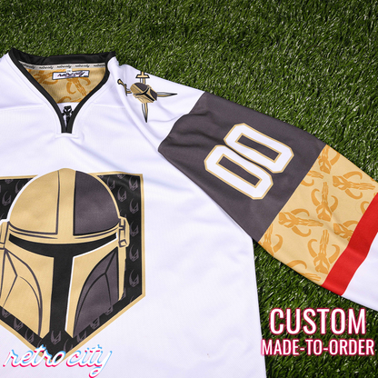 Retro City Threads Mando Bounty Hunter Hockey Jersey Sweater (White) - Side View