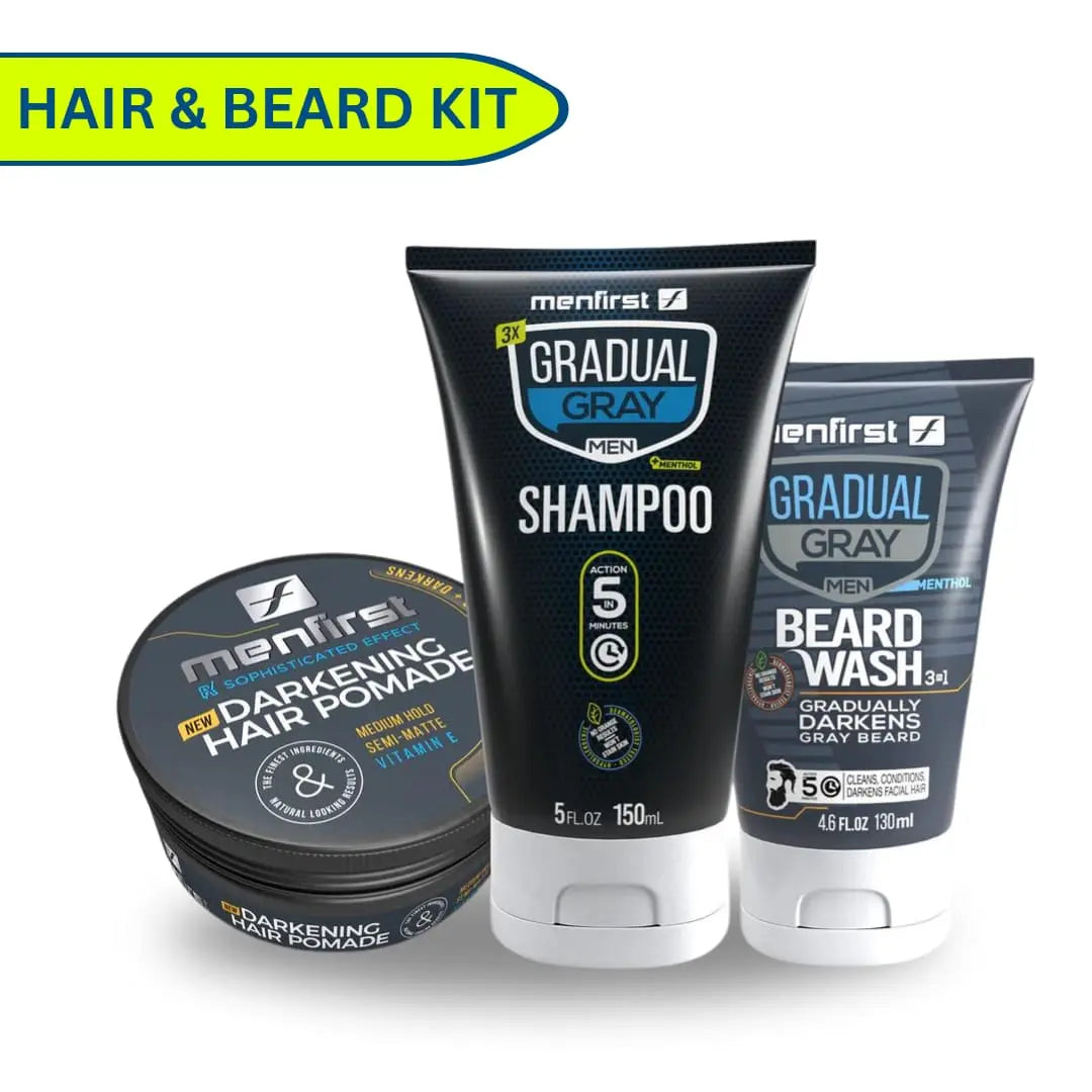 Menfirst Gradual Gray - Good Bye Gray Hair- 3-in-1 Shampoo + Beard Wash & Darkening Pomade - 3 Pack Bundle Menfirst