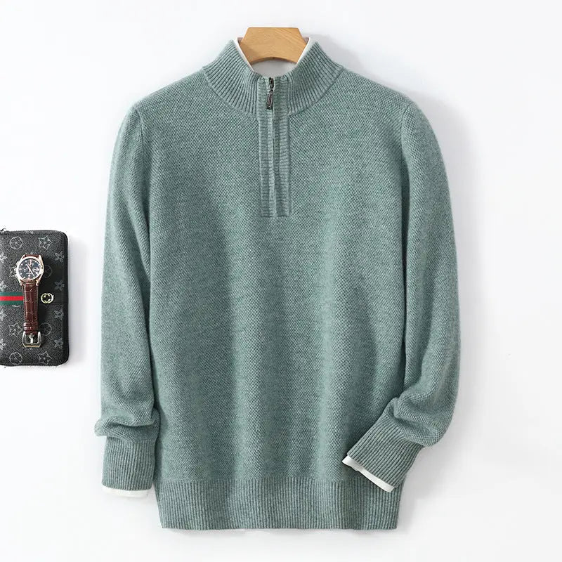 Mens Honeycomb Knit Zip Up Sweater Mid Length Thickened Warmth For Middle Aged Men Casual Wear - MENLL