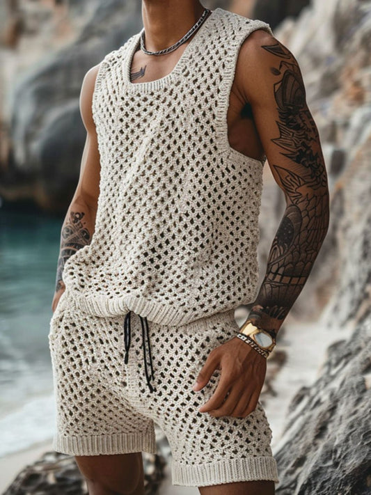 Men's plus size hollow out round neck tank and shorts set, breathable two-piece outfit.