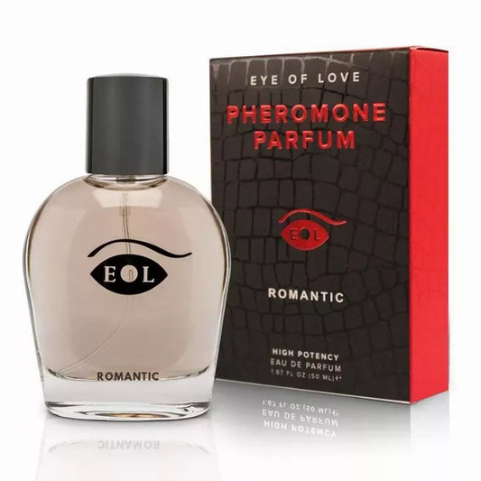 Eye Of Love Romantic Pheromone Spray bottle and box with seductive masculine fragrance design.