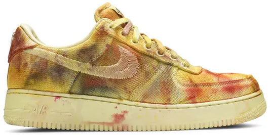 Stussy x Lookout & Wonderland Air Force 1 Low 'Hand Dyed - Los Angeles' sneakers, yellow and coral, canvas upper, Nike Air sole.