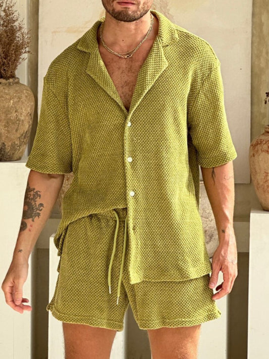 Men's plus size button down half sleeve top and shorts set in green.